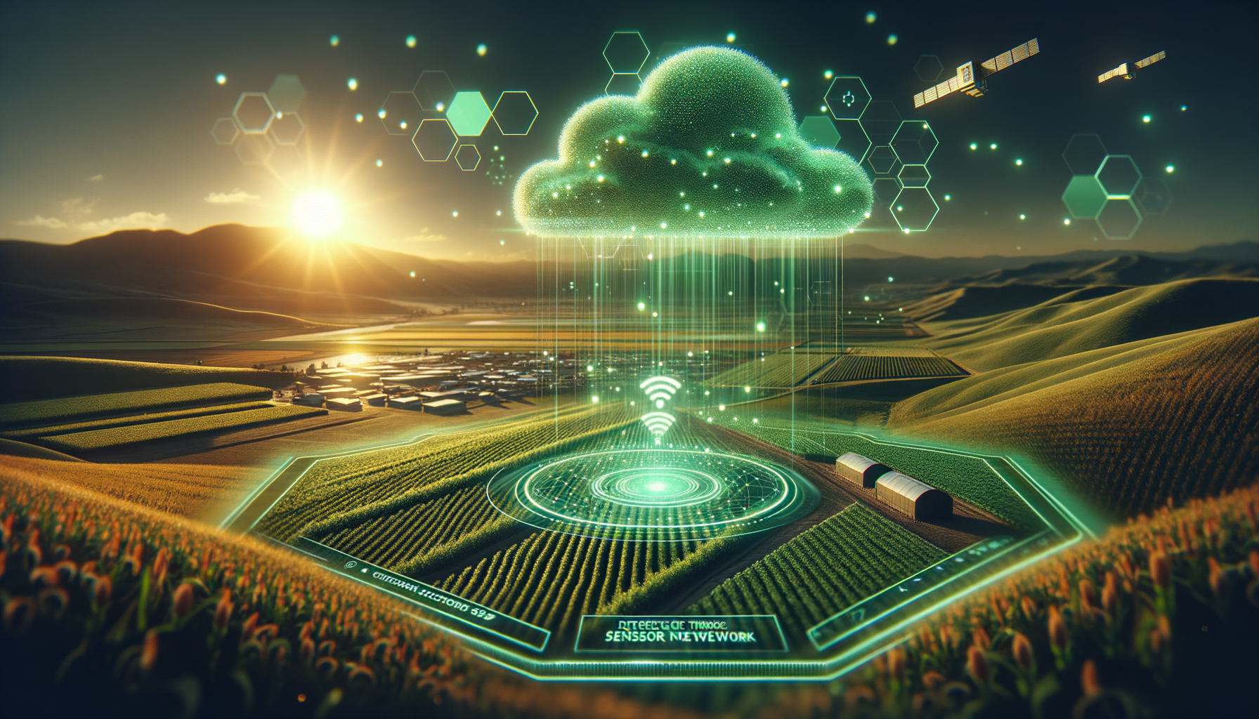 Gemelo digital agrícola holográfico sobre campo de cultivo español 2026