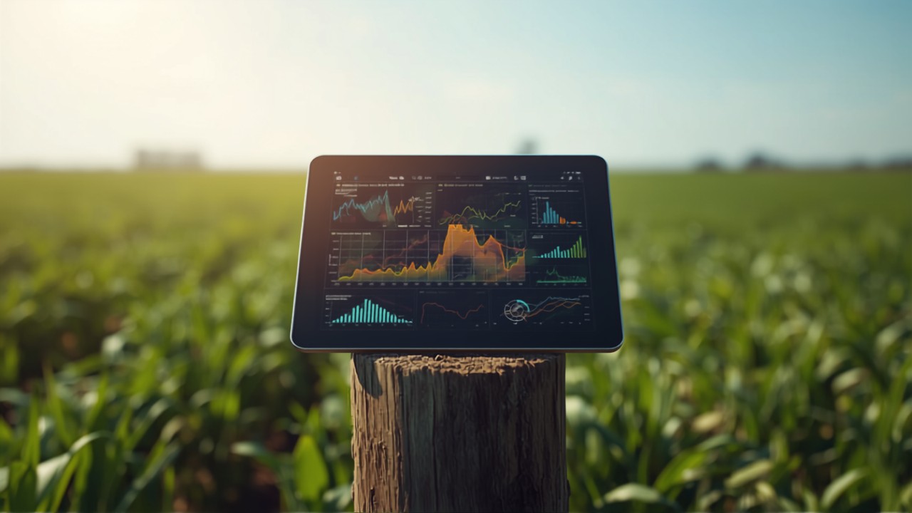 Tablet con datos agrícolas sobre un poste en un campo de cultivo