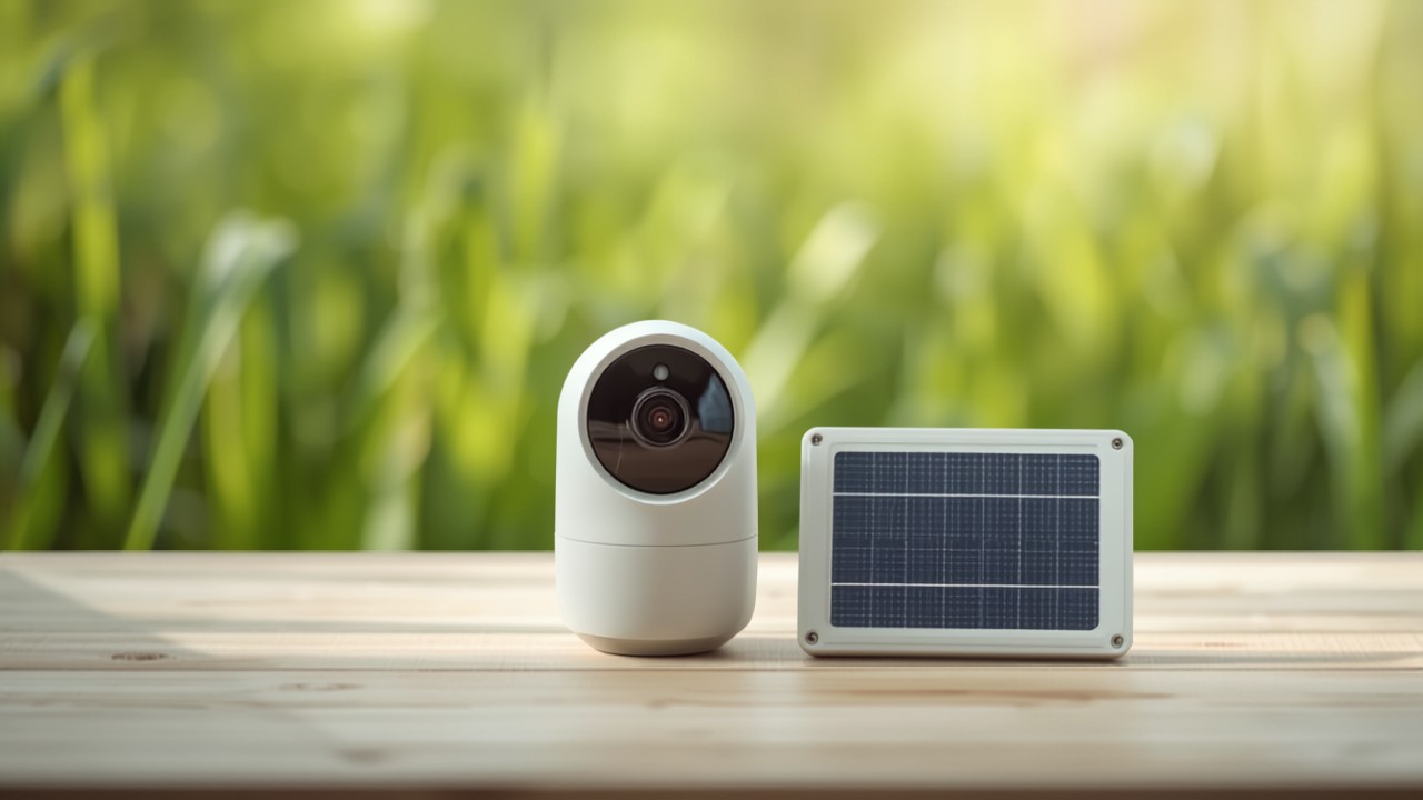 Cámara de seguridad y panel solar pequeño sobre una mesa, campo al fondo