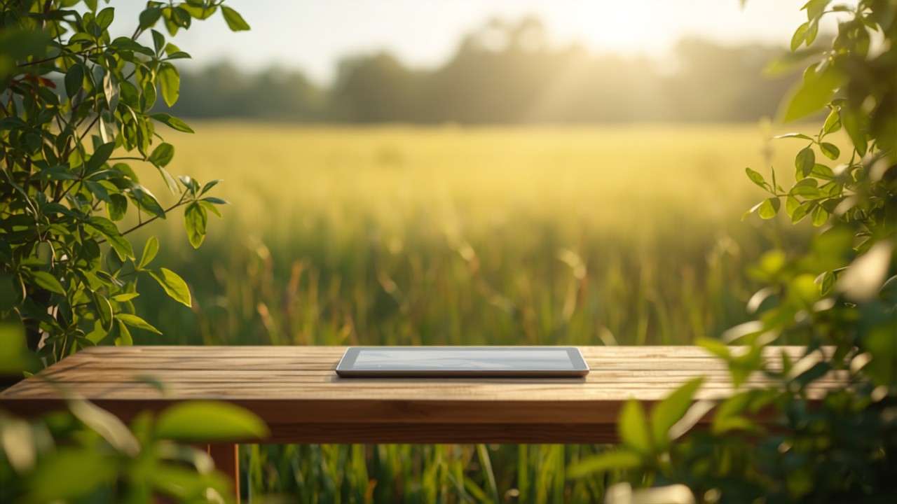 Cursos de IA para agricultores: SEPE, FUNDAE y formación gratuita 2026 - AgriculturaIA Tablet sobre una mesa de madera con un campo al fondo, formación online para agricultores