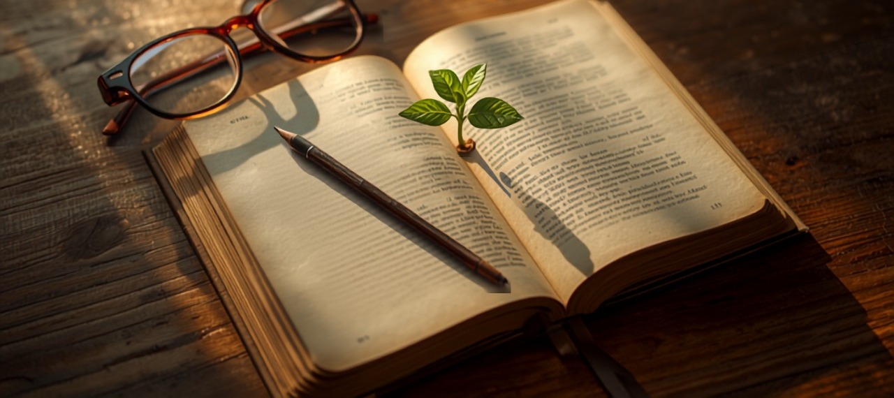 Libro abierto con una planta brotando, concepto de formación y aprendizaje