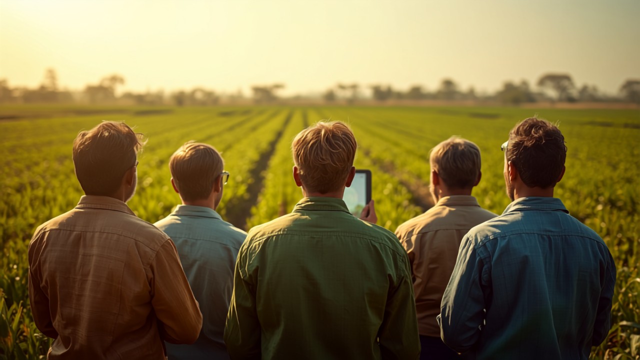 Grupo de agricultores en una jornada formativa atendiendo a una tablet en el campo
