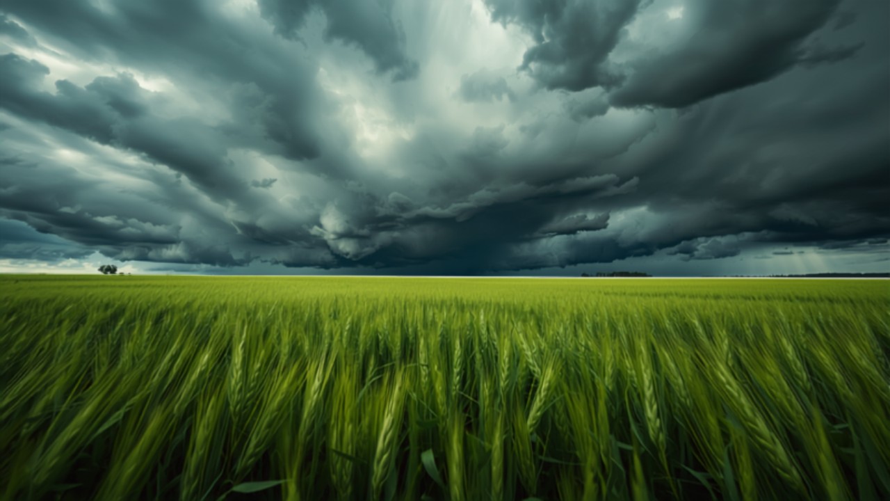 Campo de cereal verde bajo un cielo de tormenta, riesgo climático cubierto por el seguro agrario