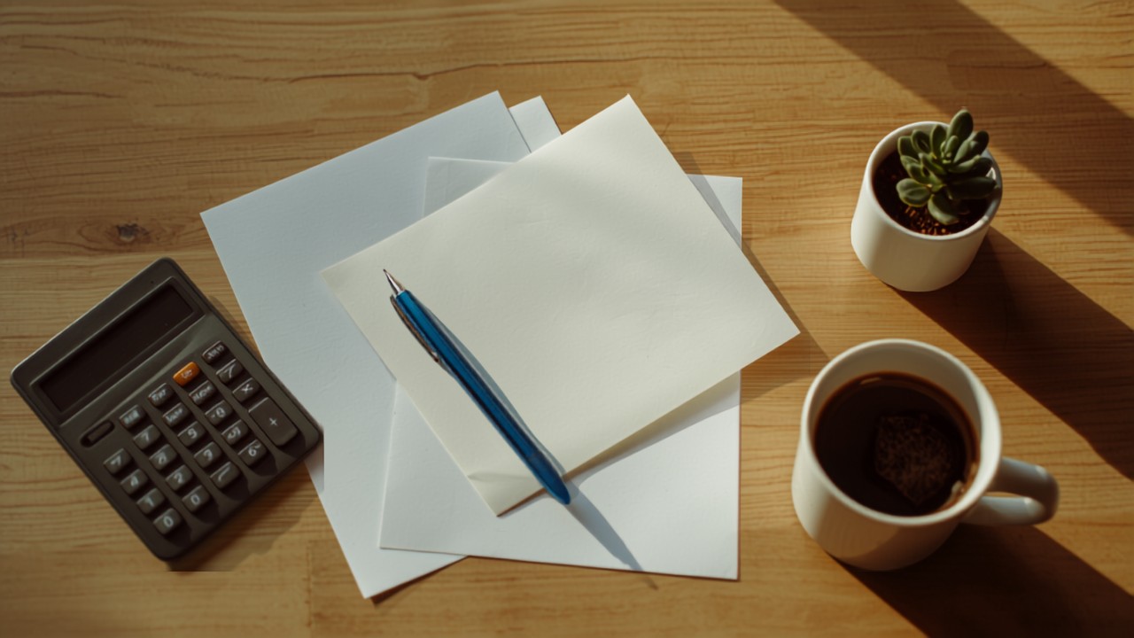 Mesa con documentos de solicitud, bolígrafo y calculadora para tramitar una subvención agraria